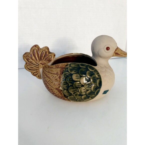 Folk Glazed Art Pottery Duck Bird Planter Stoneware Vintage - Picture 1 of 7